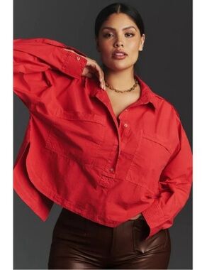 Pilcro Red Oversized Button-Down Cotton Shirt